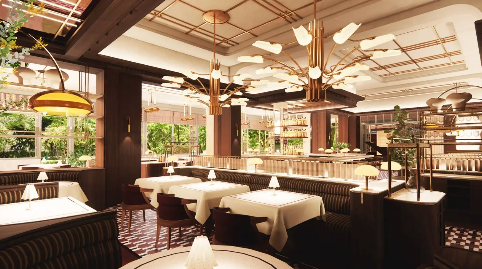 An elegant restaurant interior with dark wood paneling, white-clothed tables, and warm, modern starburst chandeliers.