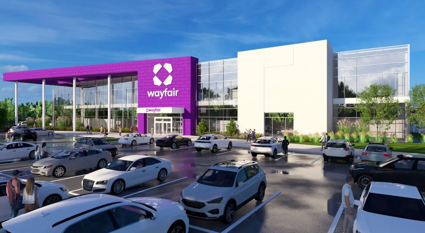 A modern Wayfair store building with a purple facade and large windows, situated in a busy parking lot with many cars.
