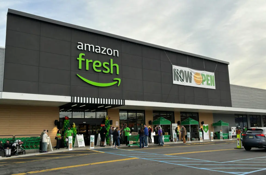 An Amazon Fresh grocery store exterior with a