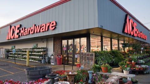 An Ace Hardware store exterior with a large parking lot, plant displays, and outdoor decor items in the foreground.