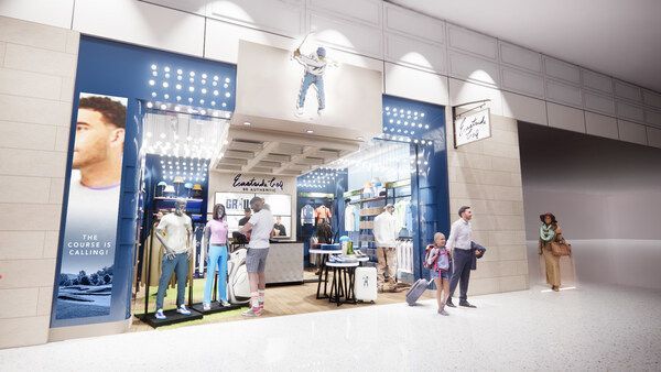 Modern clothing store in an airport concourse with a blue-and-white storefront, displays of apparel, and several patrons.
