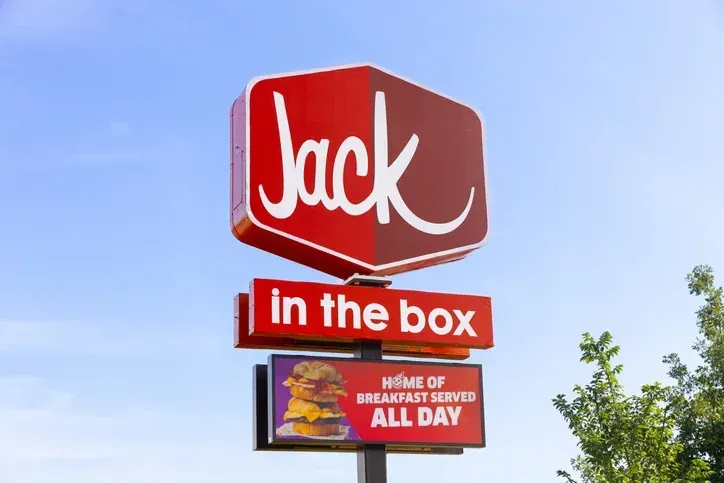 A red, hexagonal Jack in the Box restaurant sign against a blue sky, noting they serve breakfast all day.