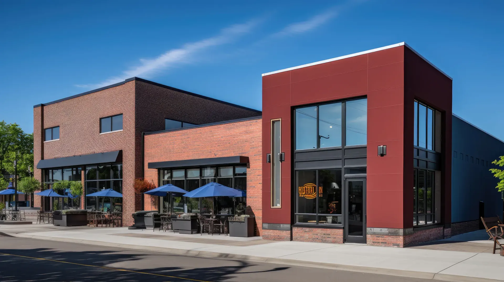 A modern building with a red brick section and a maroon storefront, featuring outdoor seating with blue umbrellas.