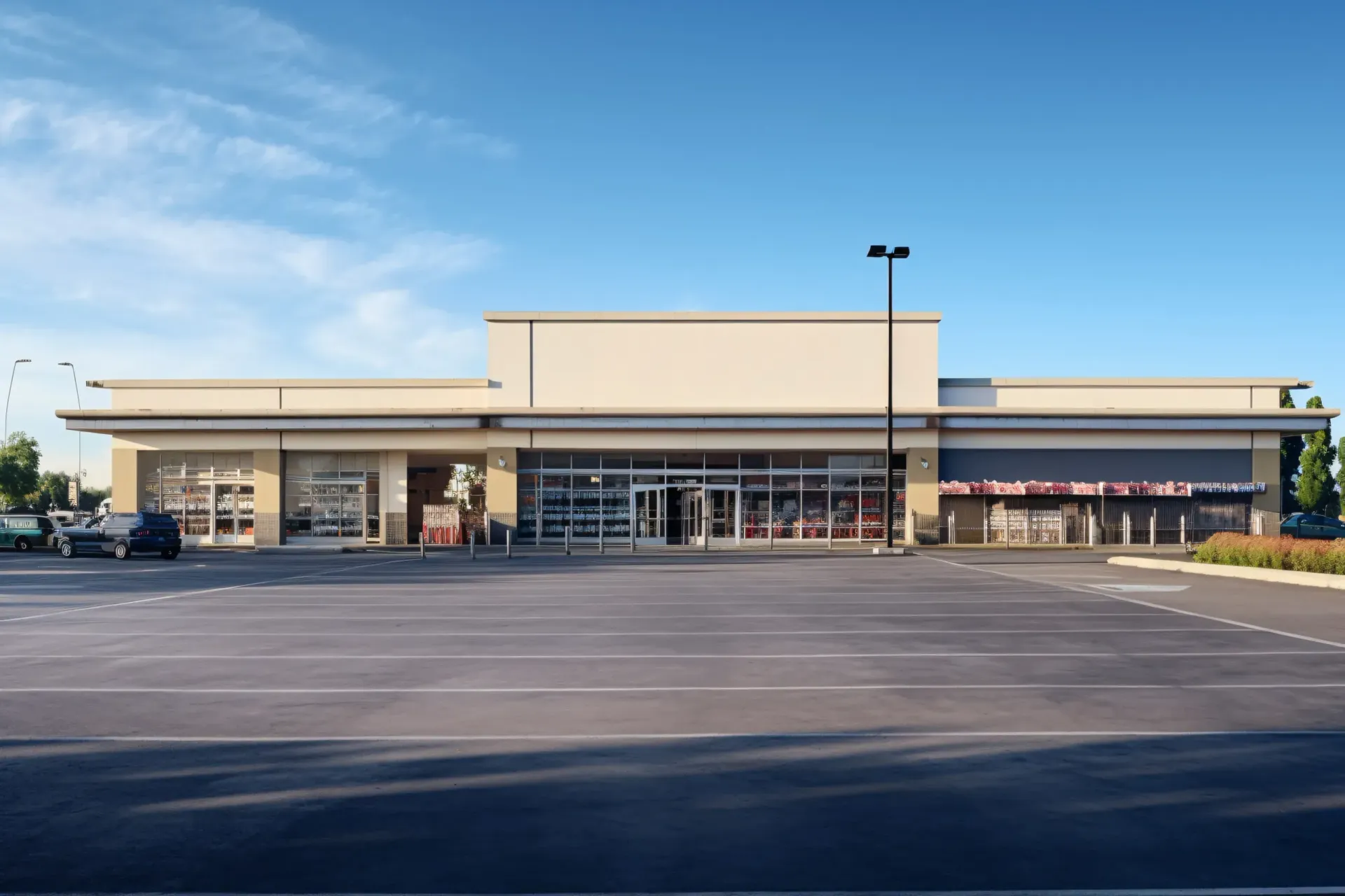 A beige, multi-storefront commercial building with glass entryways and a large, empty asphalt parking lot under a blue sky.