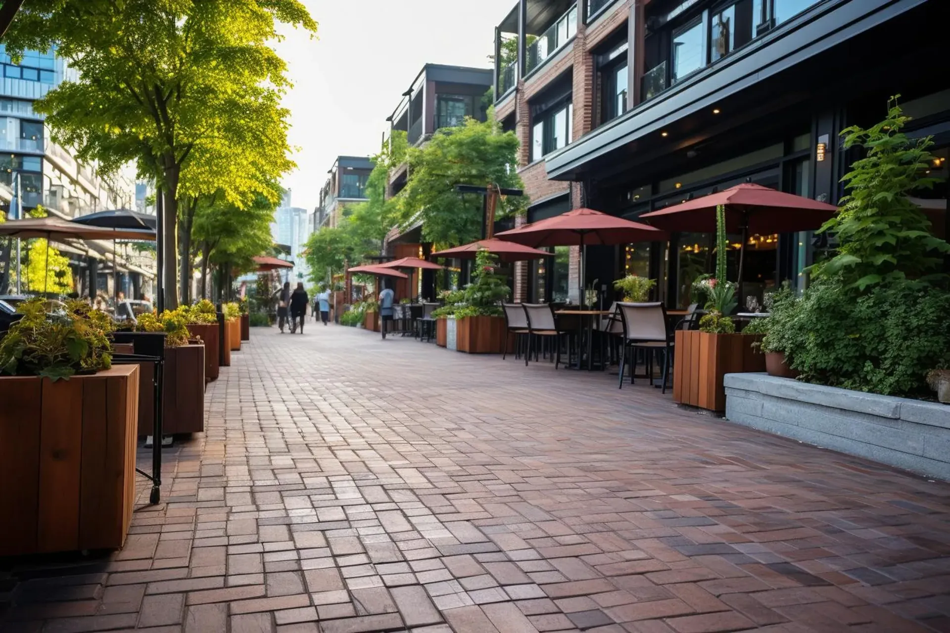 A brick-paved outdoor pedestrian area featuring restaurant patio seating with red umbrellas, trees, and wooden planters.