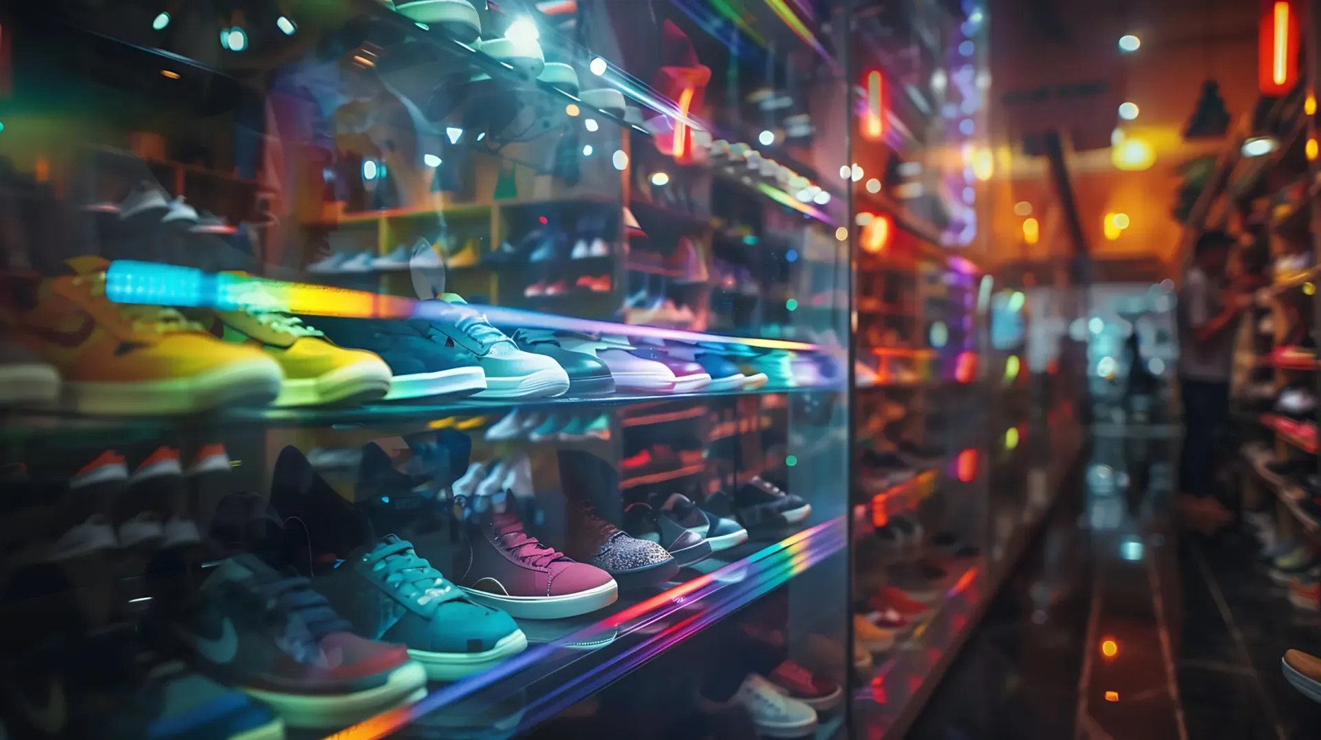 Rows of colorful sneakers displayed on glass shelves inside a brightly lit retail store with a light flare effect.