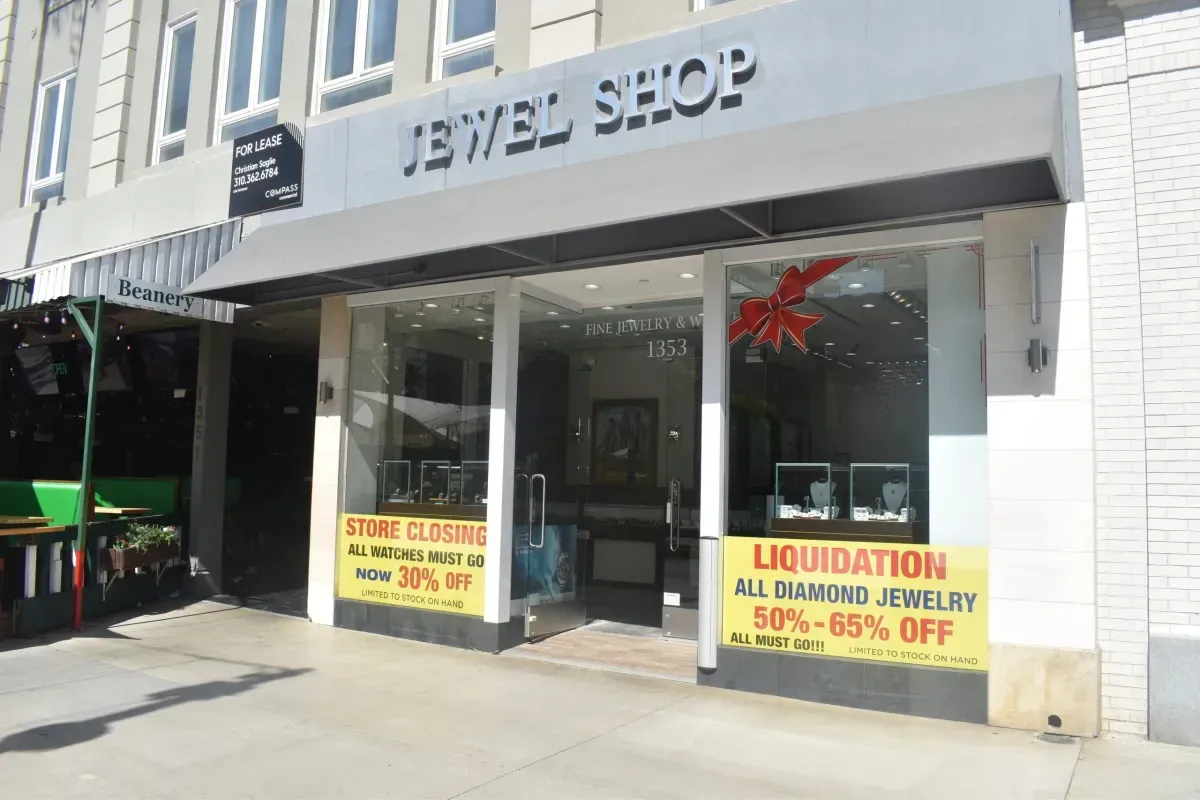 The front of a jewel shop with a sign that says liquidation