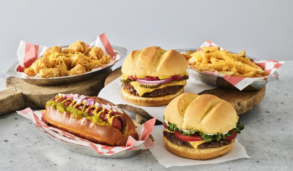 A variety of fast food, including two burgers, a hot dog, french fries, and tater tots, arranged on a gray surface.