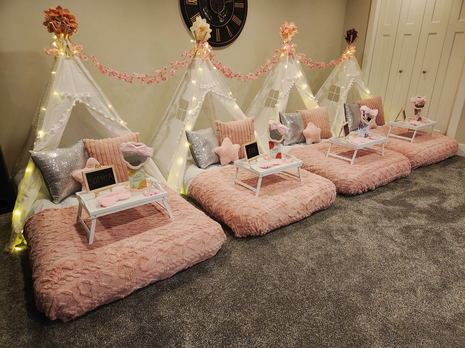 Luxury themed tent sleepover party setup in Kankakee County Illinois
