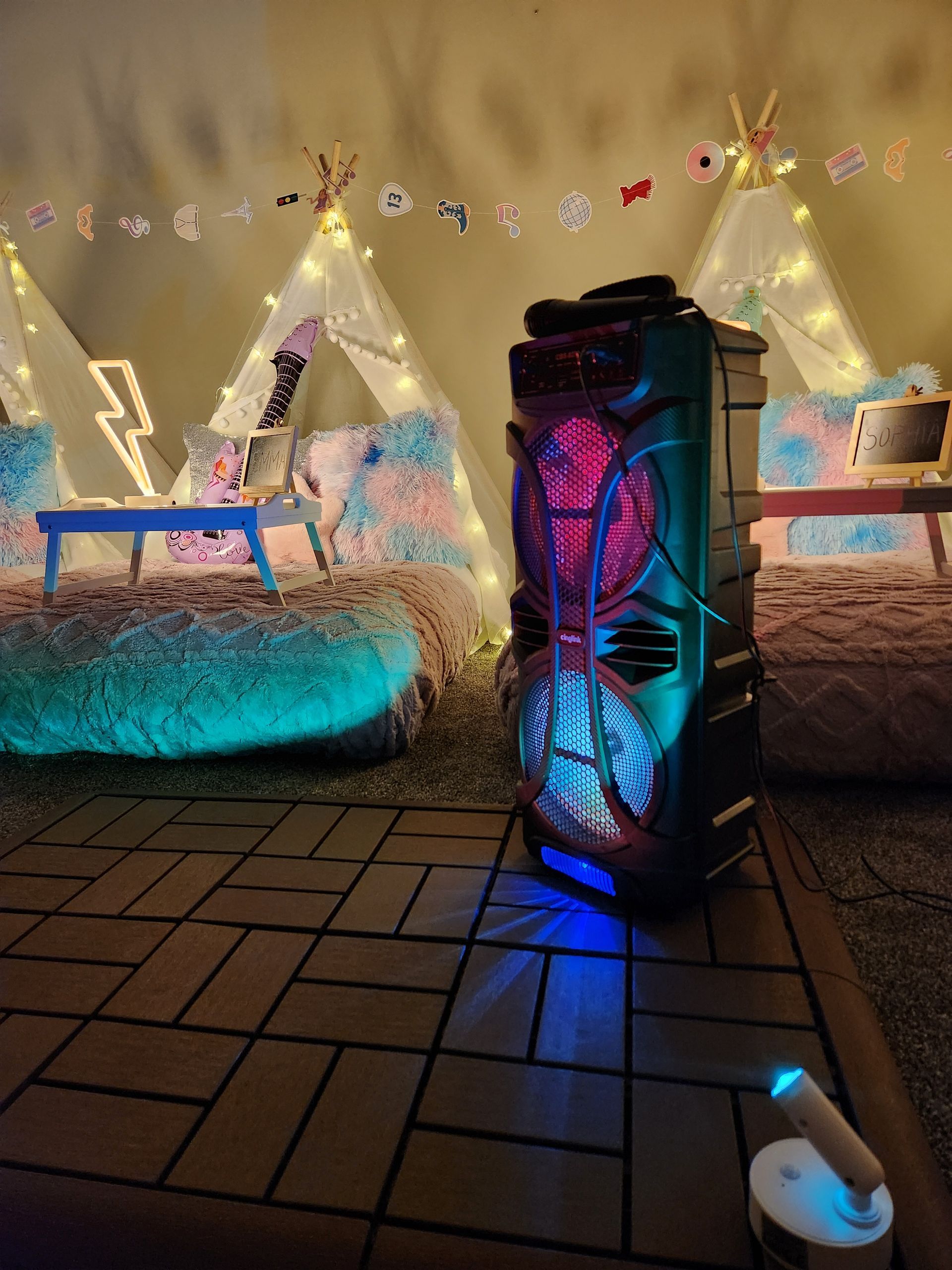 Taylor Swift karaoke sleepover party with stage and tents in Bradley IL