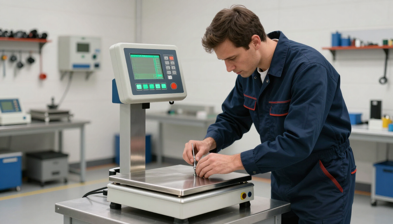 Técnico calibrando una máquina de medición digital en un taller de laboratorio.