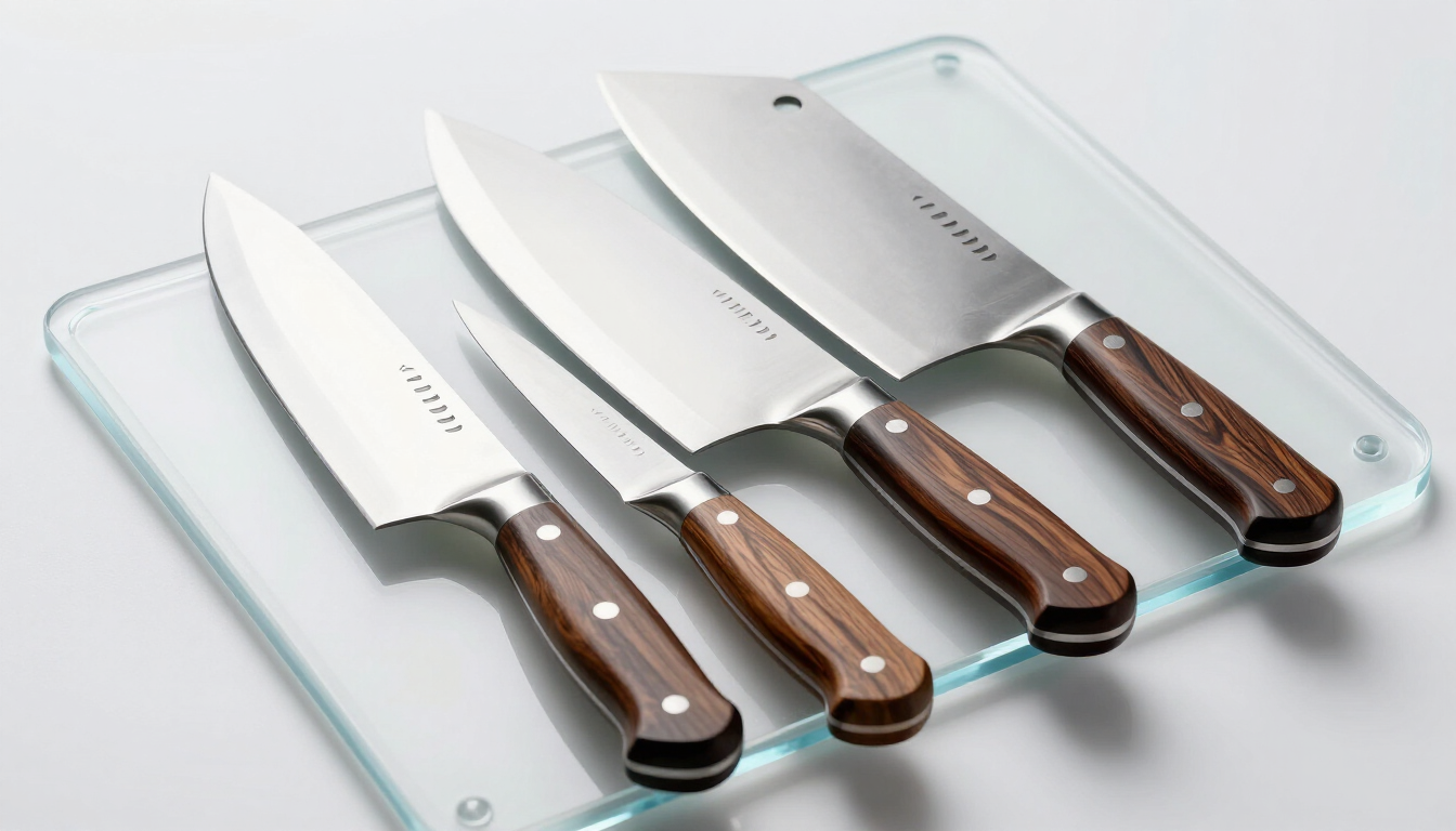 Tres cuchillos de cocina con mangos de madera sobre una tabla de cortar de cristal.
