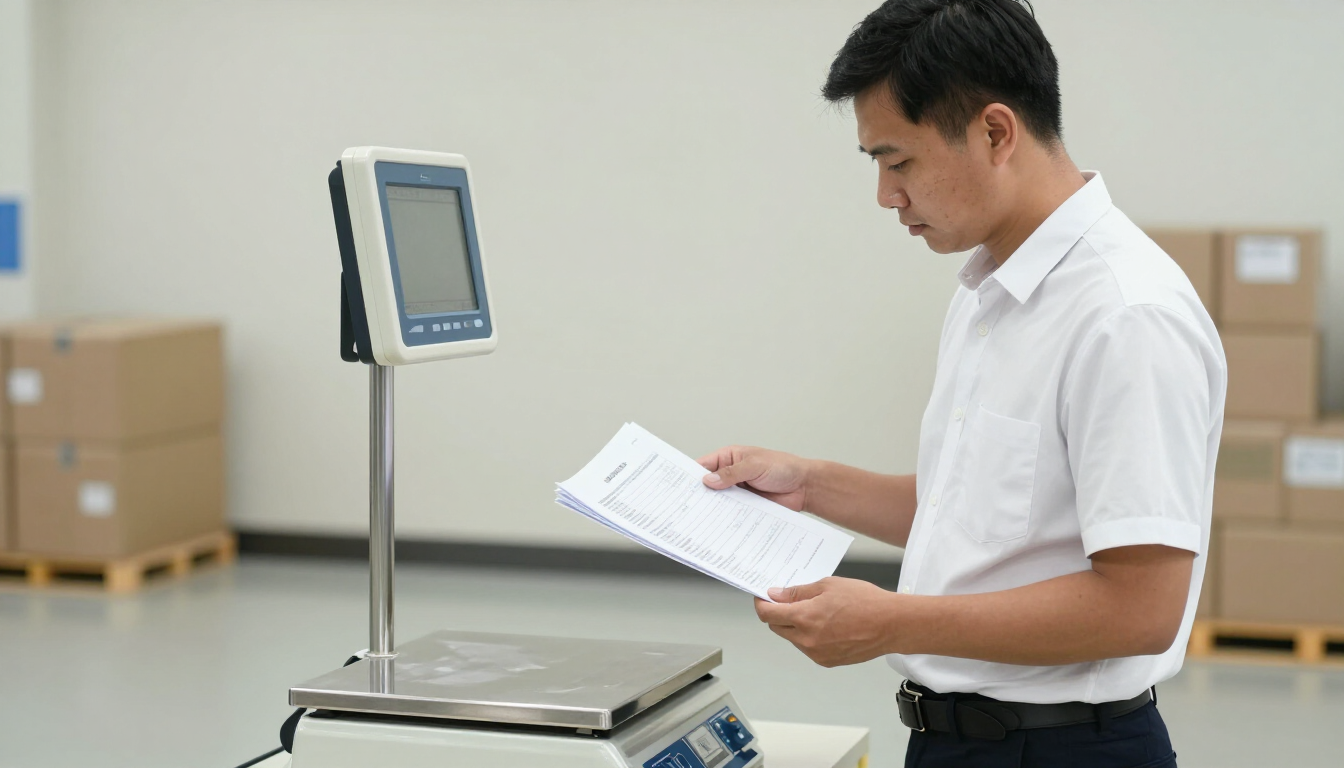 Hombre con camisa blanca leyendo un documento junto a una báscula digital en un almacén.