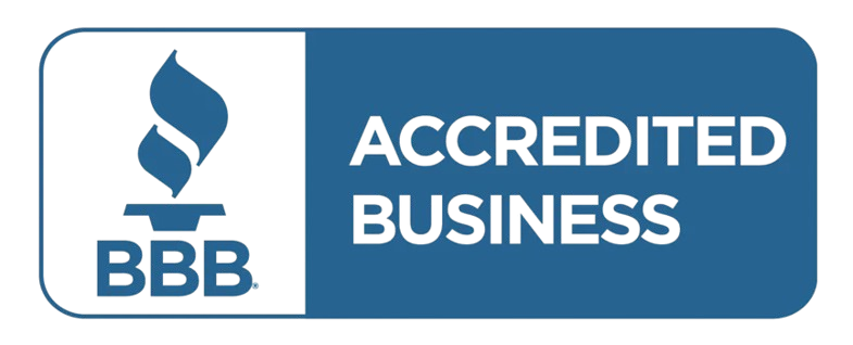 BBB Accredited Business logo, white flame and text on a blue background.