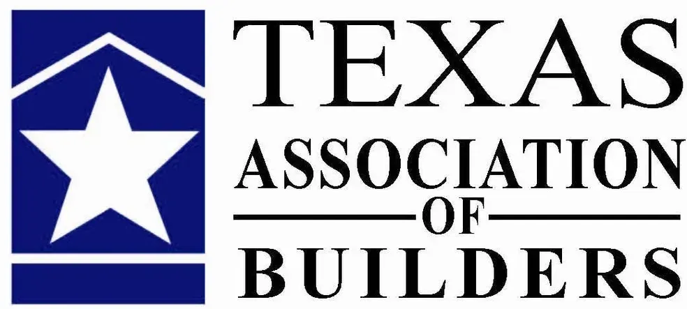 Logo for the Texas Association of Builders, featuring a blue box with a white star and house outline.