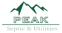 Logo for Peak Septic & Utilities featuring green mountain graphic and text.