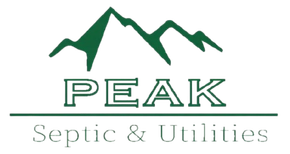 Logo for Peak Septic & Utilities featuring green mountain graphic and text.
