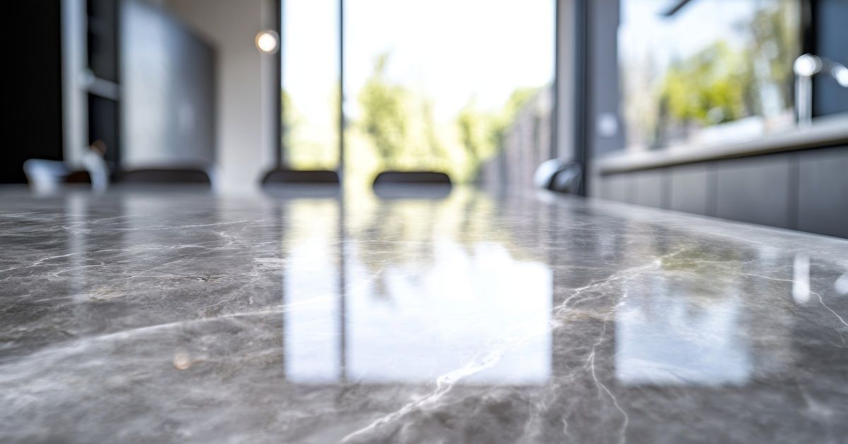 A close up view of a polished, high-gloss kitchen countertop in gray marbling. There's a sliding glass door in the back.