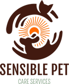 Sensible Pet Care Services logo with brown circular pet hands around an orange sunburst and pet silhouette
