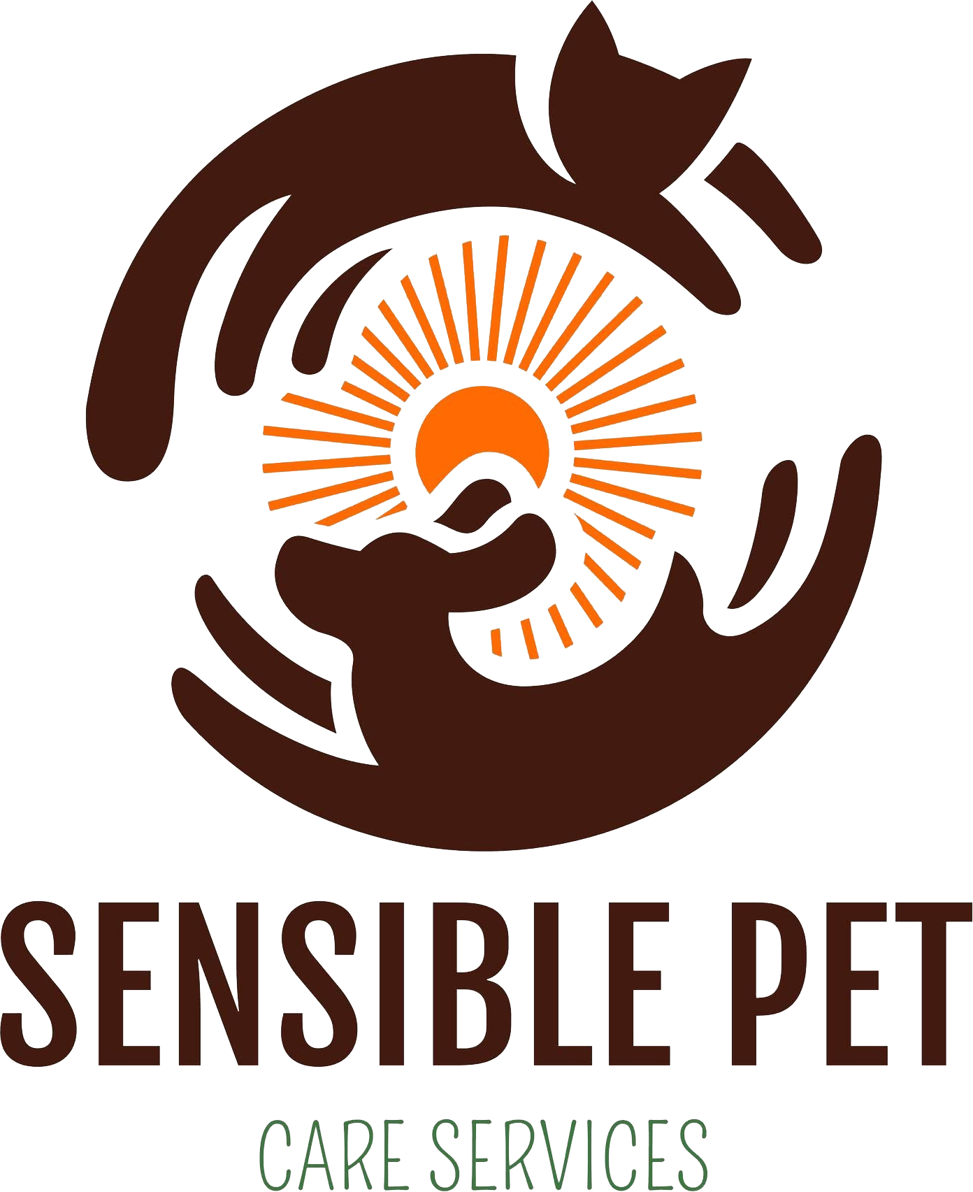 Sensible Pet Care Services logo with brown circular pet hands around an orange sunburst and pet silhouette