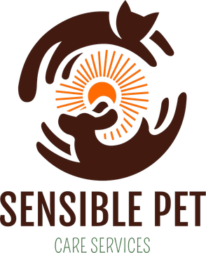 Sensible Pet Care Services logo with brown circular pet hands around an orange sunburst and pet silhouette
