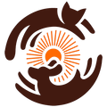 Brown circular logo with a sunrise and hands forming a protective swirl around it