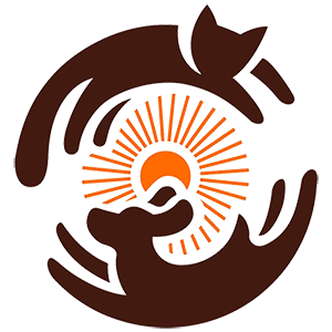 Brown circular logo with stylized hands cradling an orange sunburst and small human figure