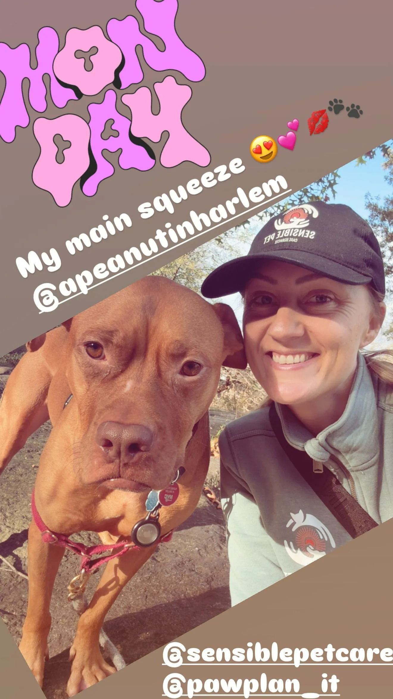 Woman with brown dog taking a selfie; text reads “my main squeeze @supernatural…”