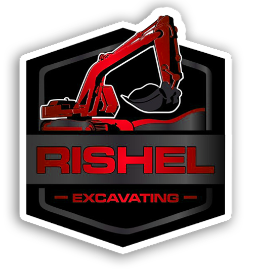 Logo for Rishel Excavating, featuring a red excavator on a black shield background with white and red text.