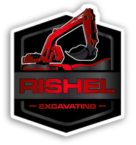 Logo for Rishel Excavating, featuring a red excavator on a black shield background with white and red text.