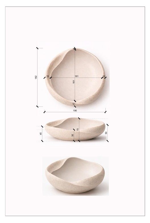 White, bowl-shaped object shown with dimension diagrams and a bottom 3D view