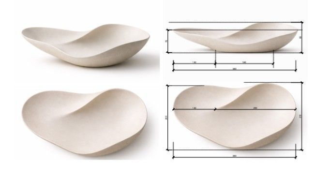 White sculptural bowl shown in side, top, and dimension views on a white background