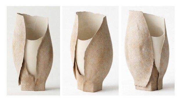 Three views of a beige sculptural vase with an open, curved top and textured surface