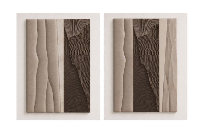 Two abstract beige and brown textured wall panels side by side on a white background