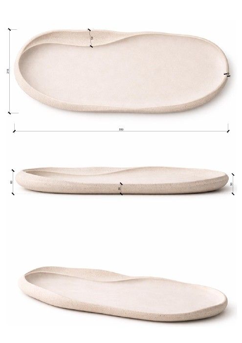 Annotated white oval tray shown from top, side, and angled views with measurement arrows