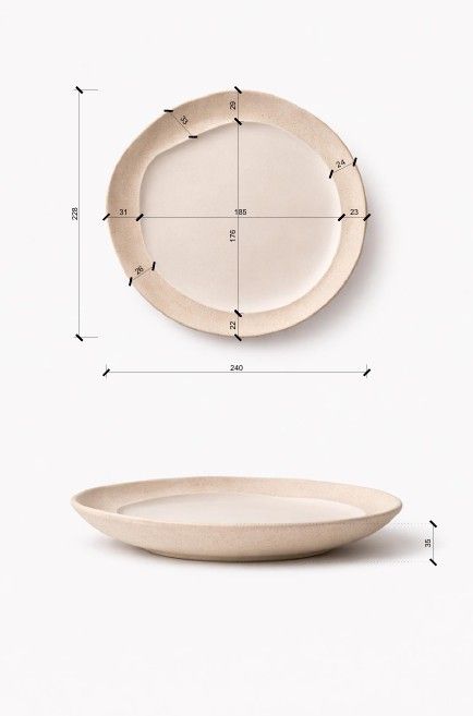 Beige ceramic plate shown in top and side views with measurement markers on a white background