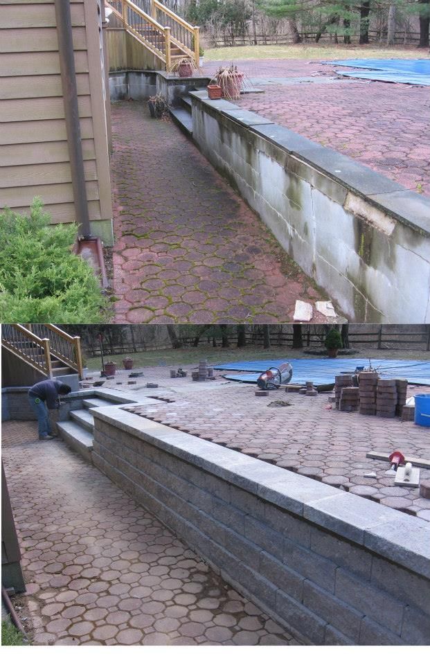 Before and after photos: Brick patio and retaining wall. Man is working on the wall in the