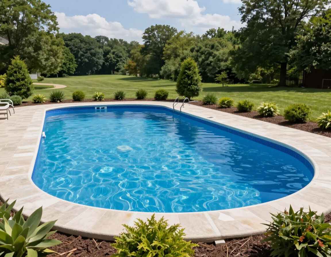 Blue backyard swimming pool with stone coping, surrounded by greenery and lawn under a sunny sky