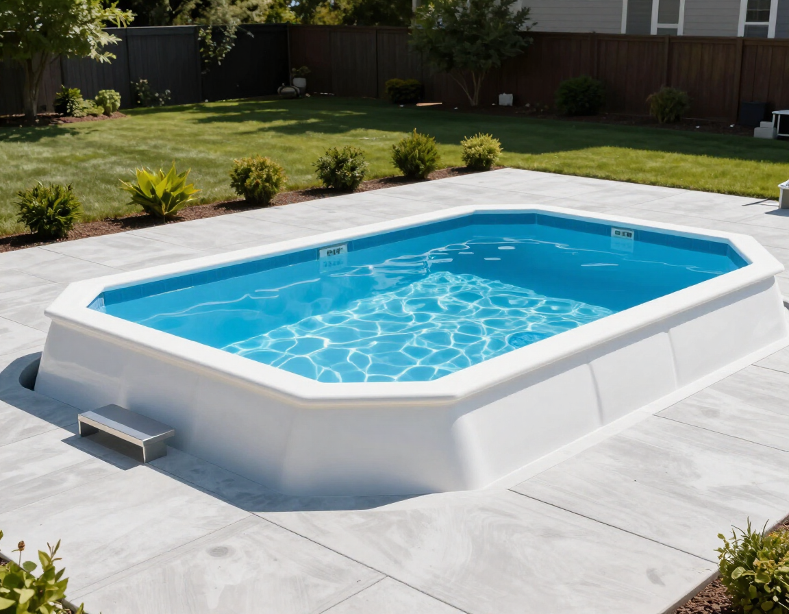 White backyard pool with clear blue water on a concrete patio, surrounded by lawn and shrubs