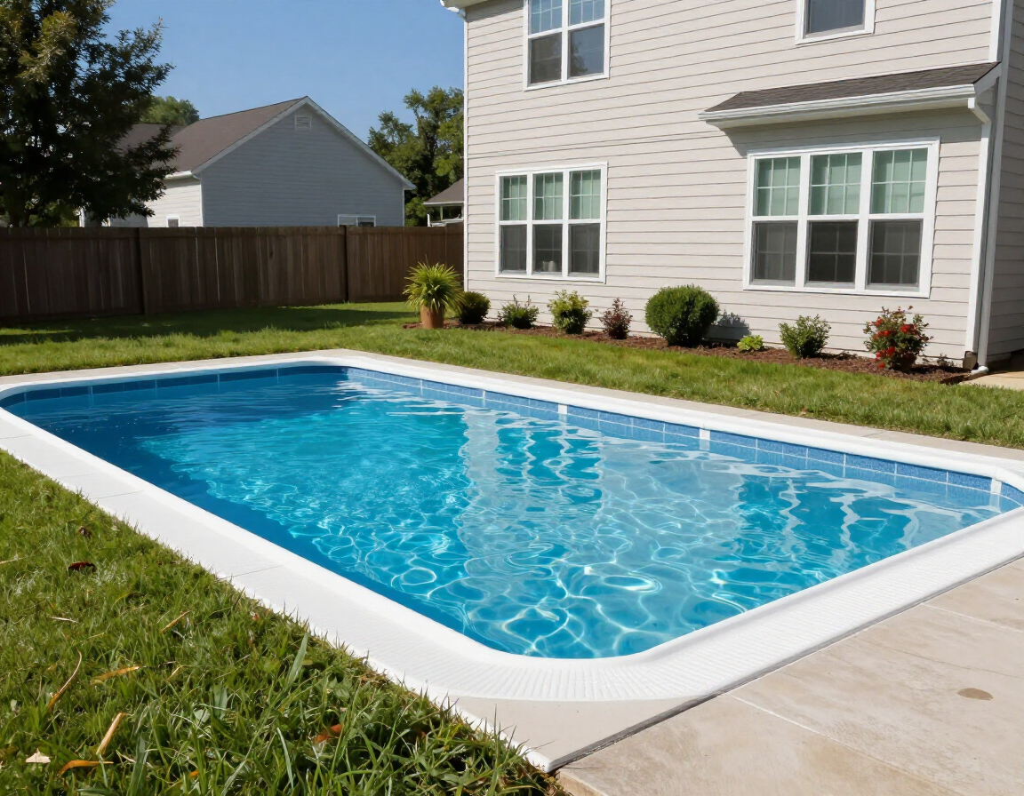 Backyard in-ground pool with clear blue water beside a white house and fenced lawn