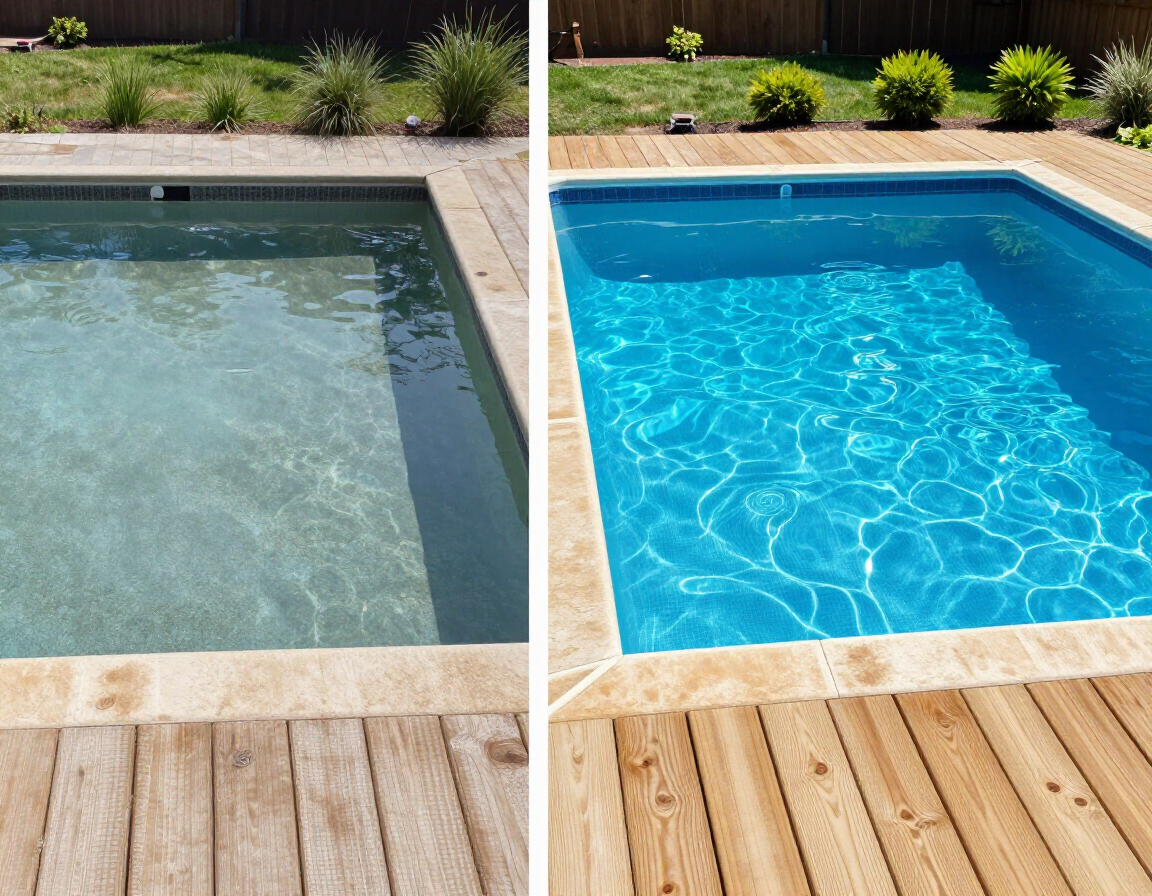 Before-and-after view of a pool with cloudy water on the left and bright blue water on the right.