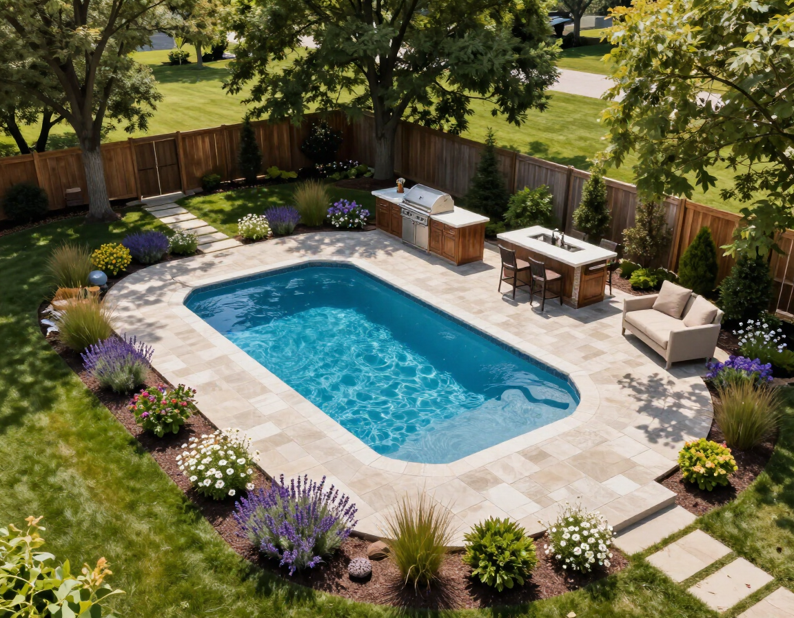 Backyard pool with stone patio, lounge chairs, grill, and lush landscaping surrounded by a wooden fence