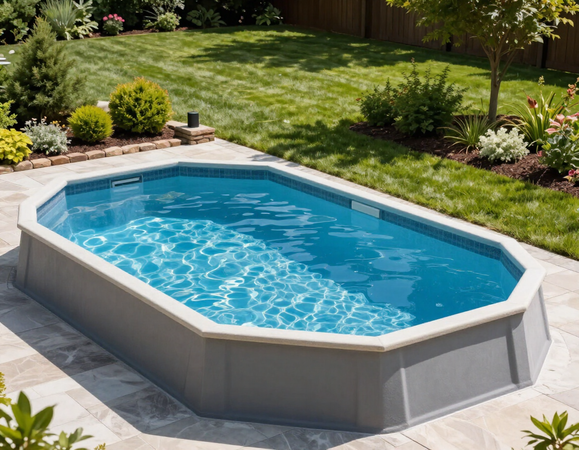 Octagonal above-ground pool with blue water in a landscaped backyard
