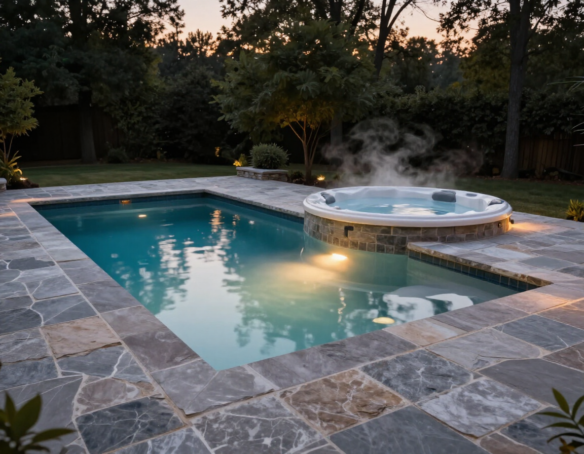 Backyard swimming pool with stone patio and lit hot tub at dusk