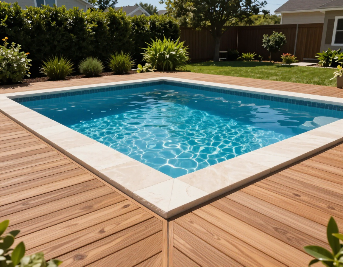 Backyard swimming pool with blue water, bordered by light stone and wooden deck, surrounded by greenery