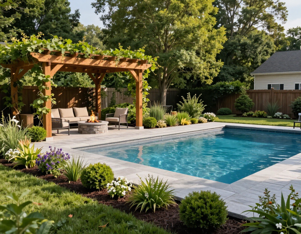 Backyard pool with stone deck, pergola seating area, and landscaped greenery under trees