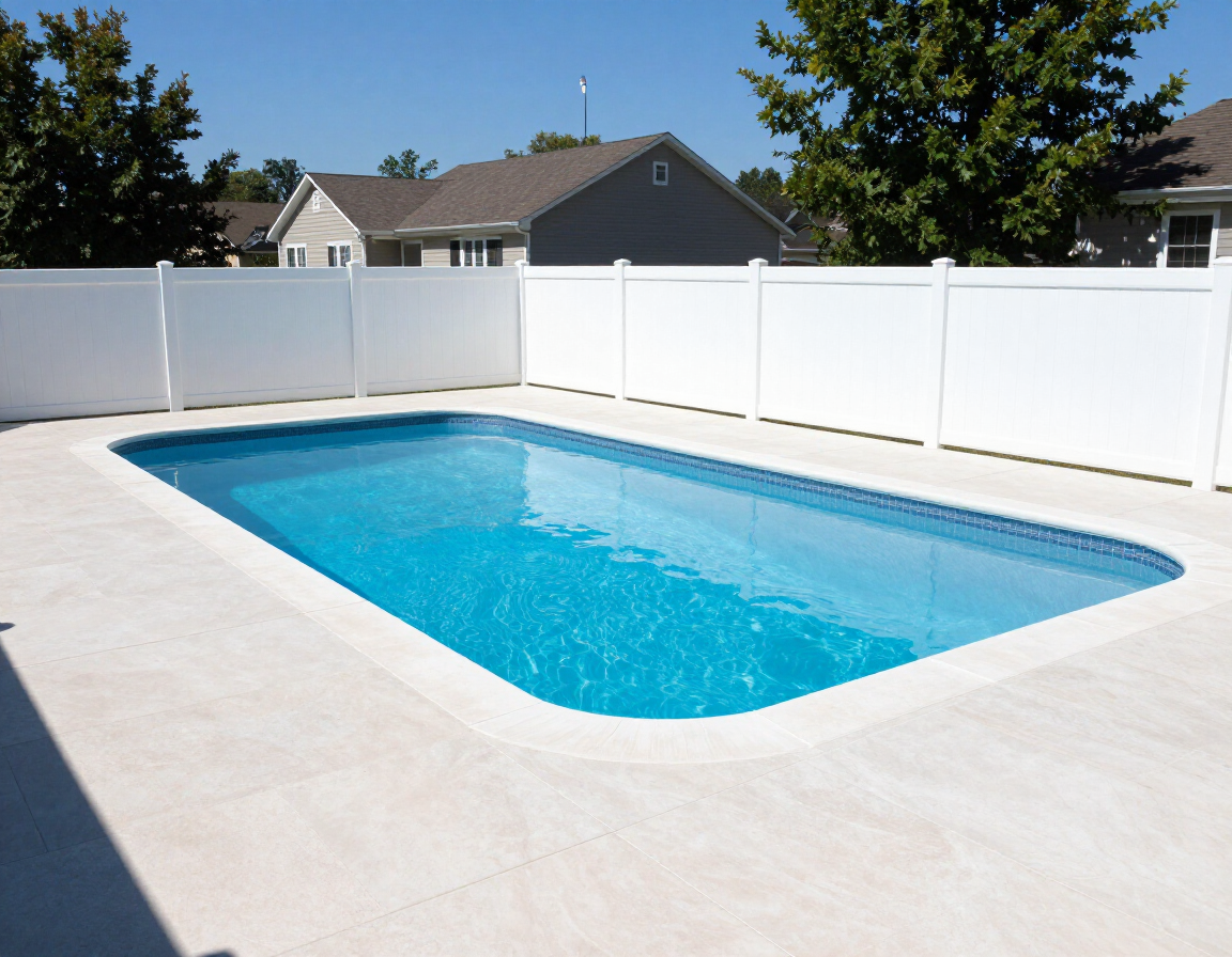 Backyard swimming pool with bright blue water and white privacy fence under a clear sky