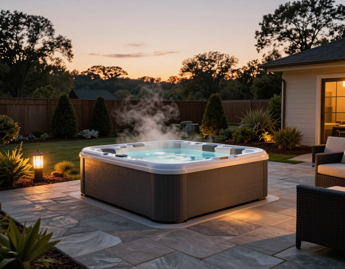 Lit backyard hot tub steaming at dusk, with patio lighting and a house beside it