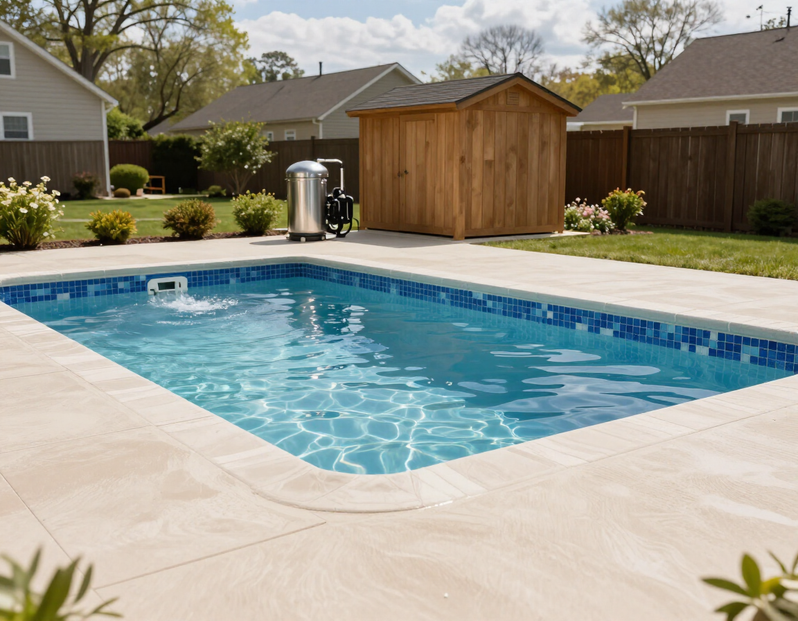Backyard swimming pool with light blue water, tan patio, and a wooden shed behind it
