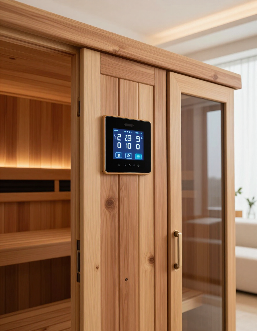 Wooden sauna cabin with a digital control panel and glass door, indoors.